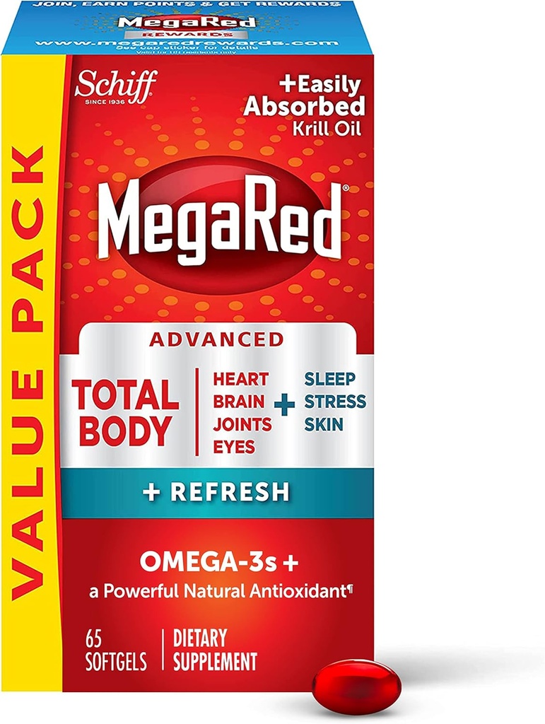 MegaRed Omega-3 Blend Total Body + Refresh 500mg Softgels, (65 Cuenta en una botella), Fácilmente Absorbed Krill Oil, para apoyar su corazón, articulaciones, cerebro y ojos