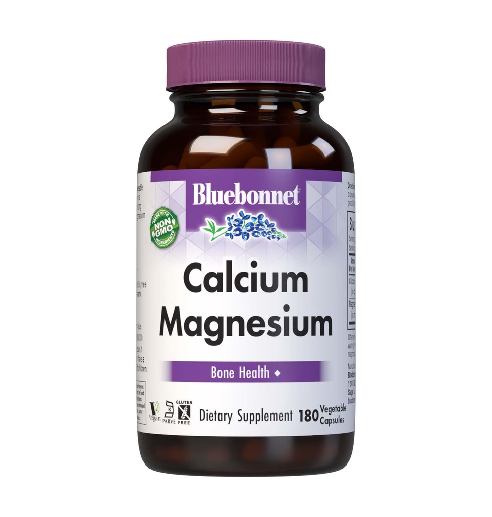 Bluebonnet Nutrition Calcium &amp; Magnesium, Bone Health*, Soy-Free, Gluten-Free, Vegan, Kosher Parve, 180 Vegetable Capsules, 60 Servings