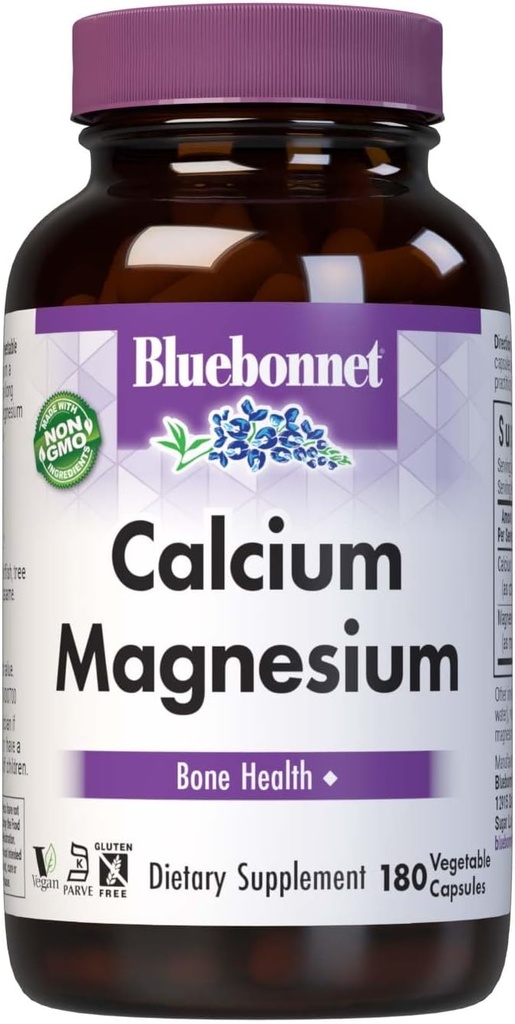 Bluebonnet Nutrition Calcium &amp; Magnesium, Bone Health*, Soy-Free, Gluten-Free, Vegan, Kosher Parve, 180 Vegetable Capsules, 60 Servings