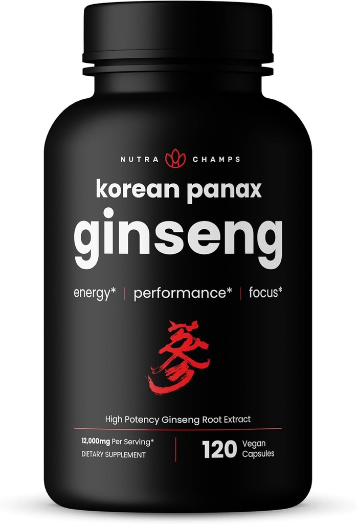 NutraChamps Korean Red Panax Ginseng Capsules ← Extra Strength Ginsenosides for Energy, Focus, Performance, Vitality & Immune Support ¦ Korean Ginseng Root Extract (120, Red)