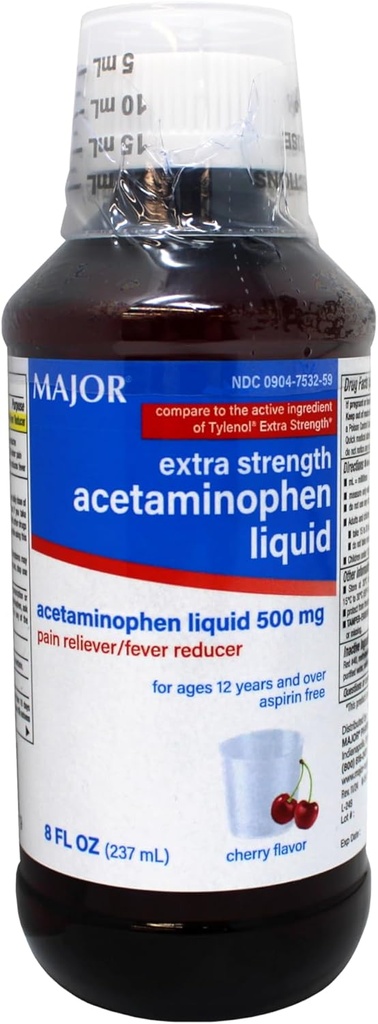 MAJOR Adulto Extra Strength Liquid Acetaminophen - 500 mg Acetaminophen/15 mL Dose - Dolor de dolor y reducción de fiebre - Cherry Flavor - 8 Fl Oz (Packaging May Vary)