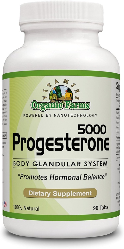Vitaminas de granja orgánica Progesterona 5000 - Sistema glandular del cuerpo Suplemento dietético, 100% píldoras de progesterona natural - Fórmula para balancear hormonas - suplemento de progesterona, 90 tabletas