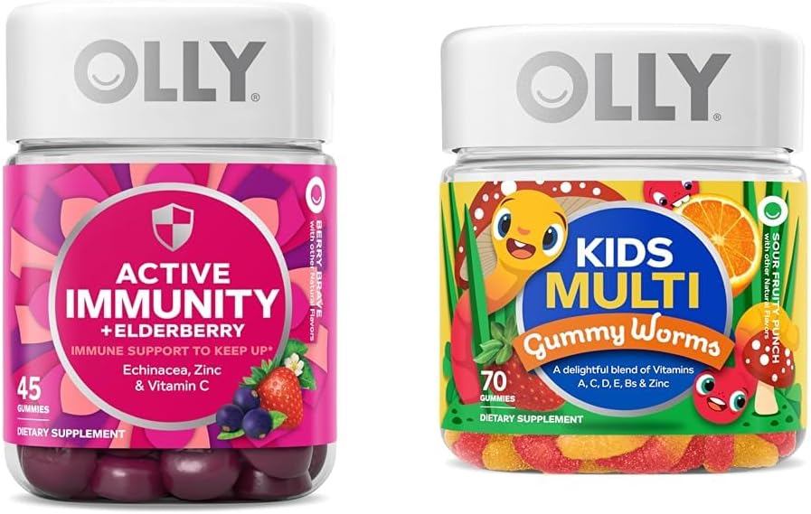 OLLY Gummy Active Immunity+Elderberry 45 Gummies &amp; Kids Multivitamin Gummy Worms 70 Count