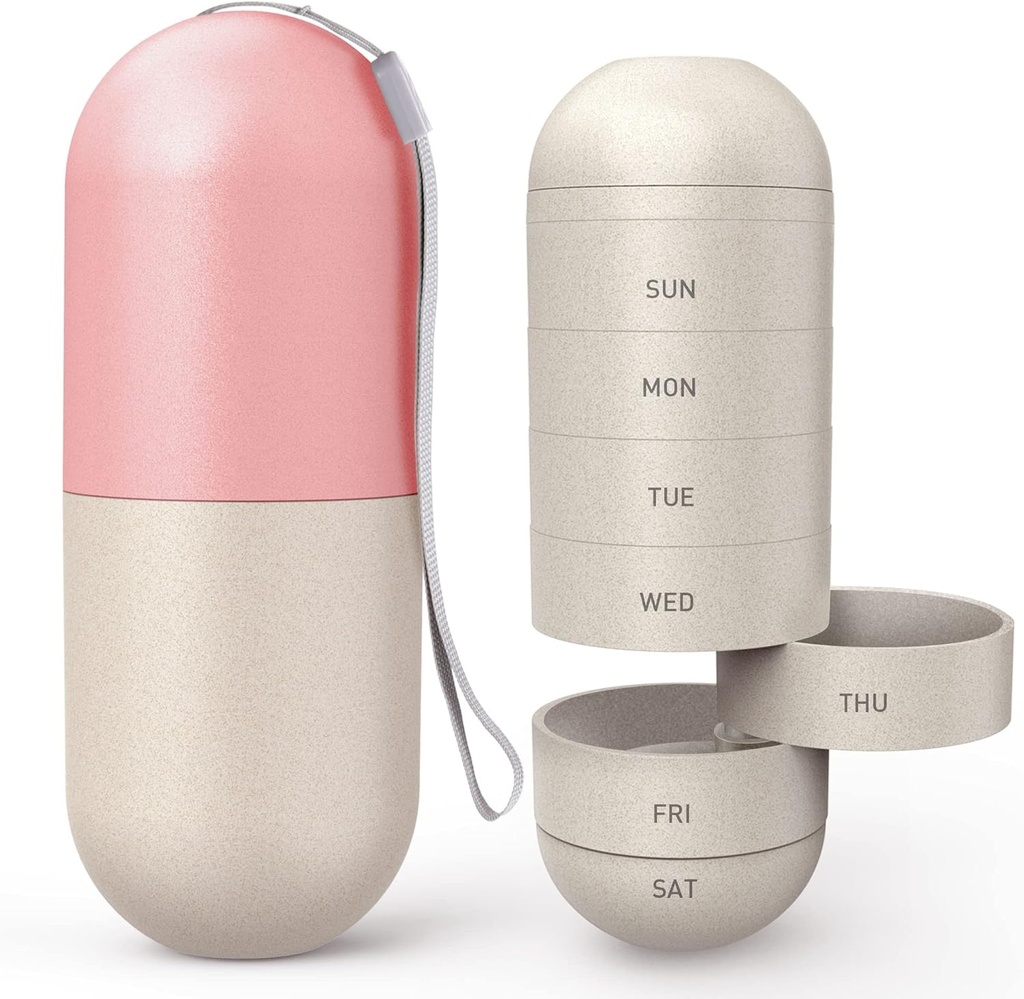 Zannaki Actualización Gran Compartamento Grain Fiber Moisture Proof Cute Semanal Pill Organizer, Laser Carving Markings, BPA Free Travel Hiking 7 Day Pill Box Case to Hold Pills,Vitamins,Fish Oil,Supplements