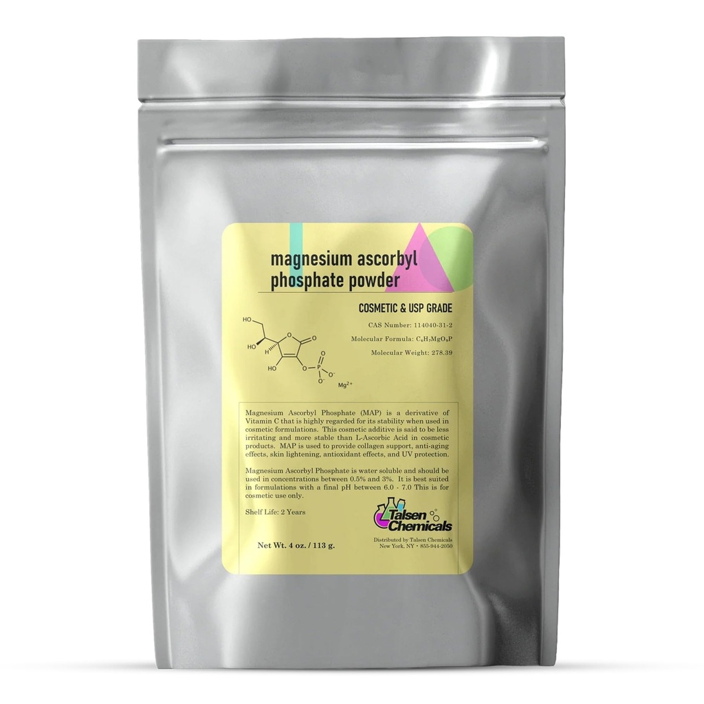 Pólvora de fosfato de magnesio, fosfato de magnesio de ascorbyl vitamina C, fosfato de magnesio de ascorbilo pólvora de MAP para productos de Skincare de bricolaje de bricolaje Talsen Químicos (4 onza / 113 gramos)