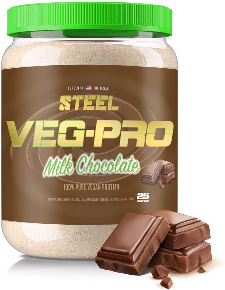 Suplementos de acero Veg-PRO ← Pólvora de proteínas veganas, Chocolate de leche TENIDO 25 Servimientos (1.65lbs) ANTE Pólvora de proteínas con BCAA Aminoácidos TENIDO GRATUITO TENIENTO No lácteos