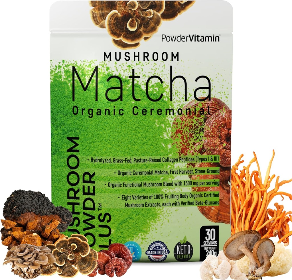 PowderVitamin Organic Ceremonial Mushroom Matcha Certified Pesticide-Free Grasss-Fed Collagen Tipos I &amp; III 8 Fruiting Body Mushrooms Tested for Beta-Glucans Focus Digestion & Immunity 30 Servings