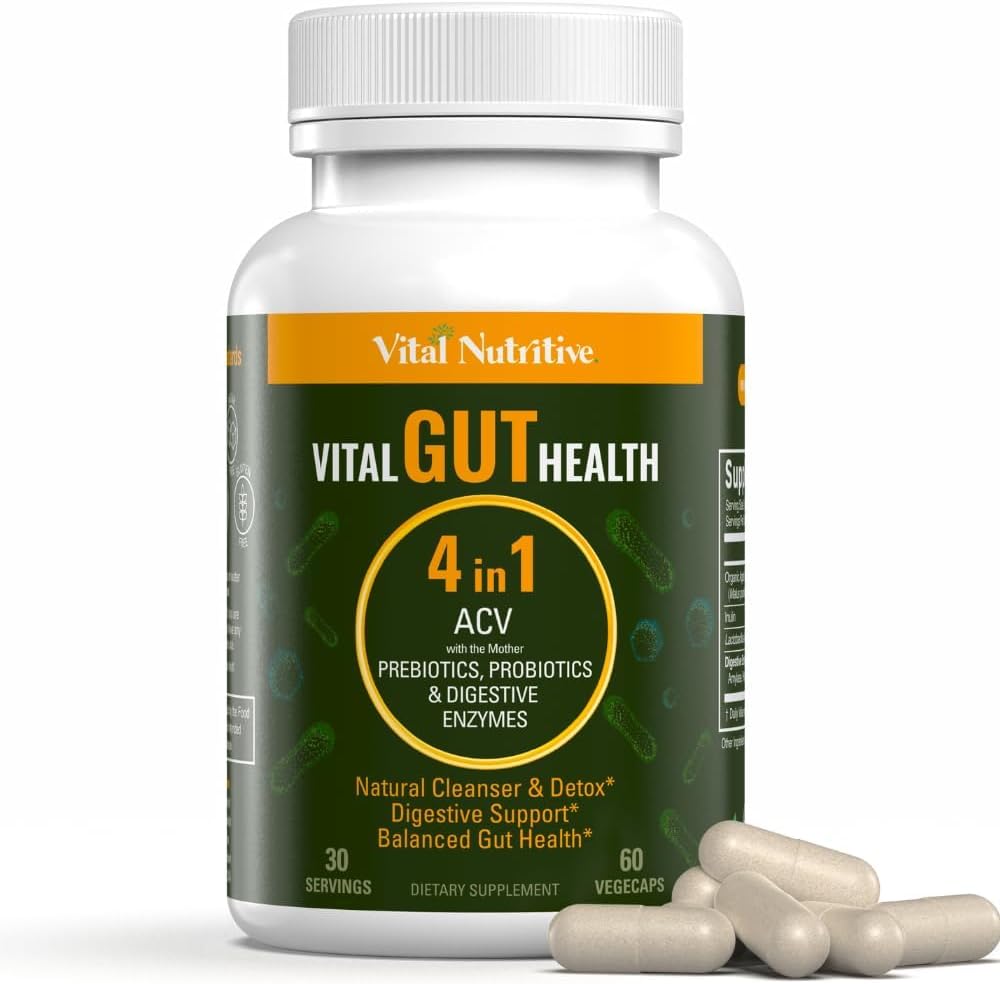 Vital Gut Health 4in1 Fórmula con Apple Sider Vinegar, Prebióticos " Probióticos, Enzimas digestivas para el apoyo a la inmunidad fuerte y el apoyo completo y la digestión