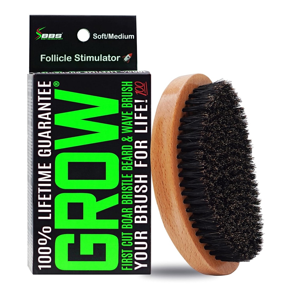 GROW Boar Bristle Beard Brush & 360 Wave Brush for Men – Beard and Mustache Growth Brush – Beard Brush for Men & Follicle Stimulator – Exfoliate, Detangle & Boost Circulation – USA Made