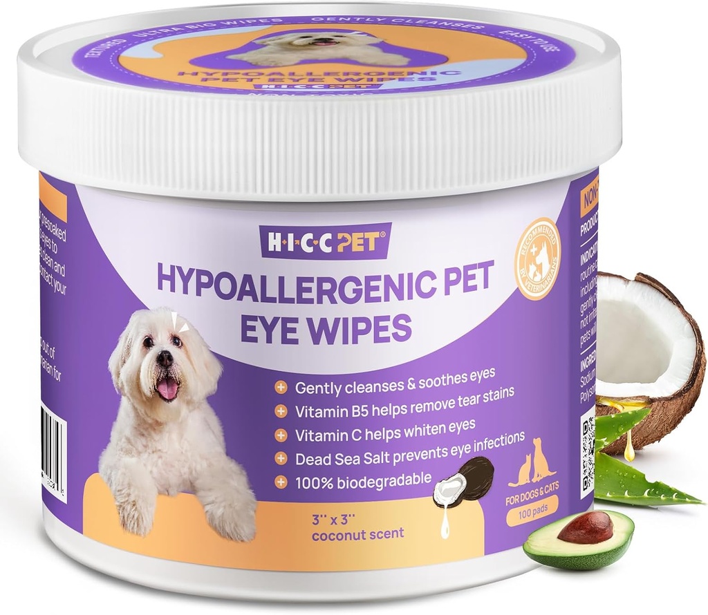 HICC PET Ojos Wipes para perros &amp; gatos, Vet-Recommended Dog Eye Infection Treatment, Gently Remove Tear Stain, Debris, Discharge - Hypoallergenic Pet Eye Wash Cleaner for Eyes, Wrinkle, Face - 100pcs