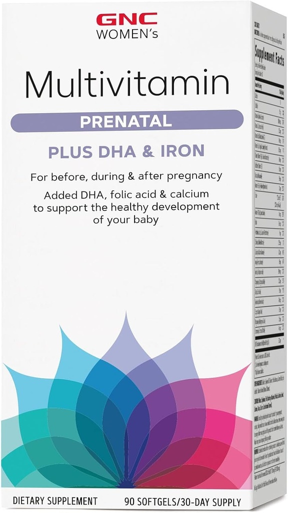 Fórmula multivitamina prenatal de GNC con DHA & Iron, Apoyo Embarazo y Desarrollo saludable del bebé, Nutrientes esenciales ácido fólico, zinc, vitaminas Calcio Plus B, 90 Softgels