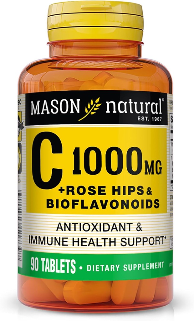MASON NATURAL Vitamina C 1000 mg Plus Conjunto de HIPS y Bioflavonoides Rosa - Soporta un Sistema de Inmunes Saludables, Antioxidantes y Nutrientes Esenciales, 90 Tabletas