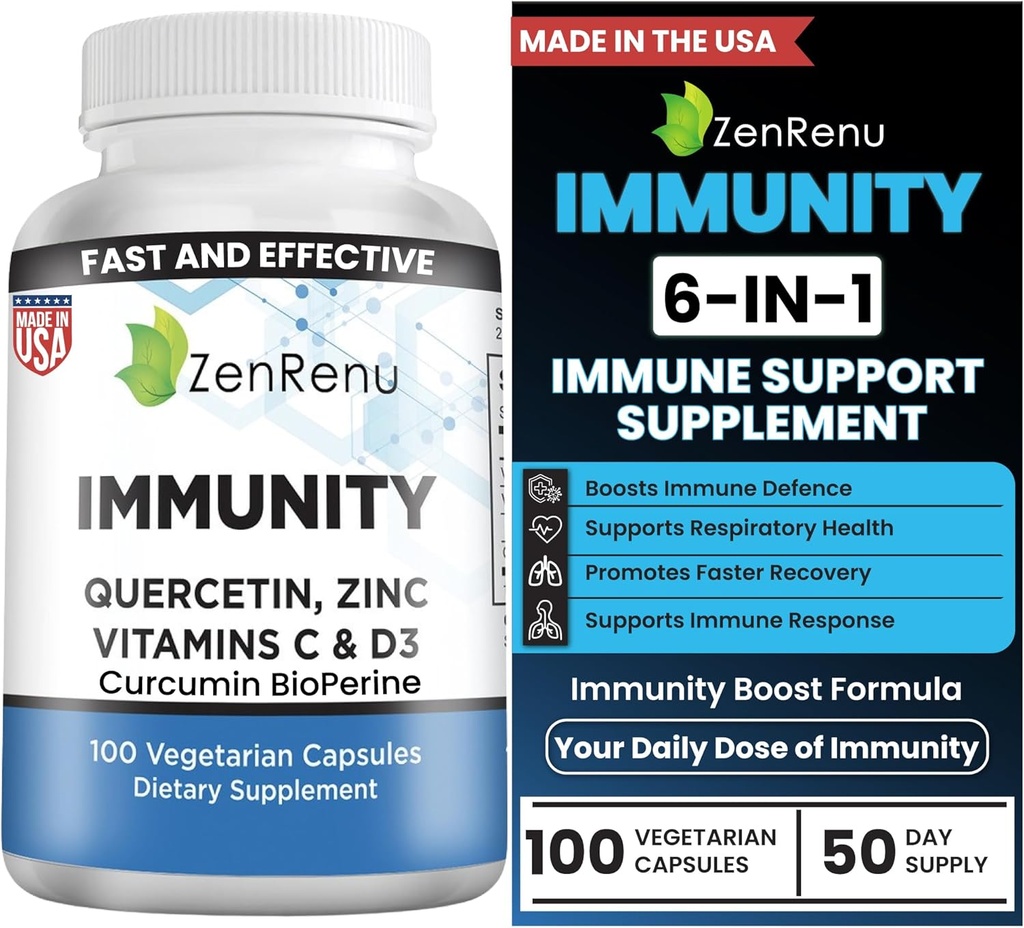 Zenrenu Immunity Quercetin 700 mg Zinc Vitamina C Vitamina D Immune Support Suplemento con Curcumin - Easy to Absorb Immunity Suplemento, 100 cápsulas vegetarianas 50 Day Supply