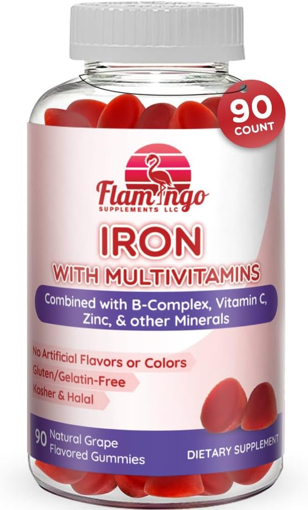 Gotas de hierro: Nueva Fórmula 20 mg Hierro por Serving Plus Vitamina C, Zinc, Complejo B. Gummies de hierro para mujeres y hombres. Suplemento de anemia para fatiga, embarazo prenatal- Vegan, Kosher- 90 Ct