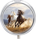 Horses Running Art Pill Case 3 Compartment Portable Pill Box Daily Round Pill Organizer for Pocket Purse Daily Medicine Container to Hold Vitamins Fish Oil Travel Gifts
