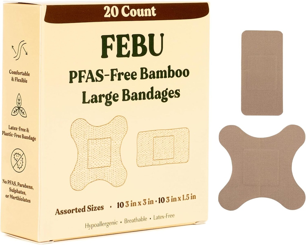 FeBU Eco-Friendly Grandes Bandages Bamboo ← PFAS Free Bandages for Scrapes & Cuts ¦ Flexible Fabric Bandage TEN Fully Compostable, Latex Free Bandage  20 Count Large