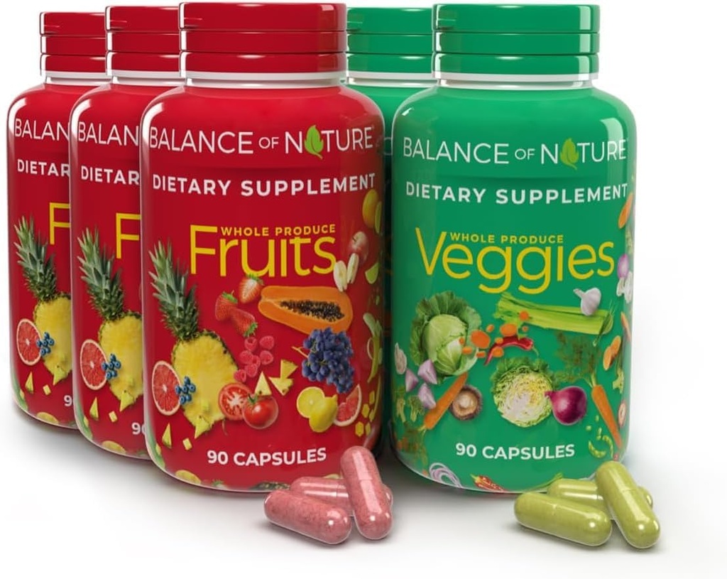 Balance de la naturaleza Suplemento alimenticio completo con ingredientes frutales y vegetales para mujeres, hombres y niños - 90 cápsulas, 3 conjuntos