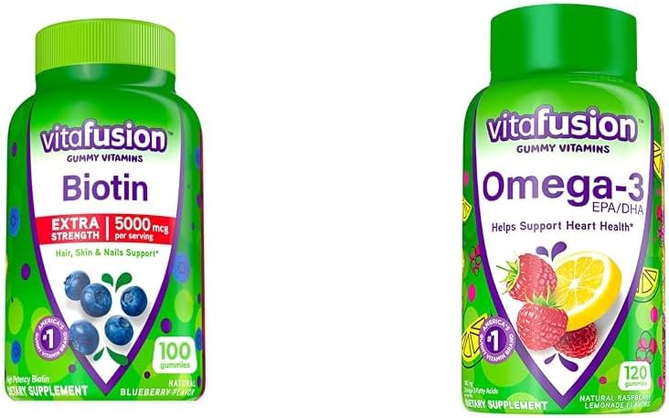 Vitafusion Extra Strength Biotin Gummy Vitamins, Berry Flavored, 5,000 mcg Biotin Vitamins, America’ & Omega-3 Gummy Vitamins, Berry Lemonade Flavored, Heart Health Vitamins(1)