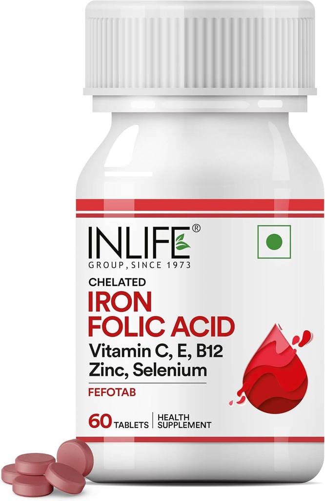 INLIFE Suplemento ácido fólico de hierro colado con vitamina C, E, B12, Zinc &amp; Selenium para hombres Mujeres - 60 Tabletas
