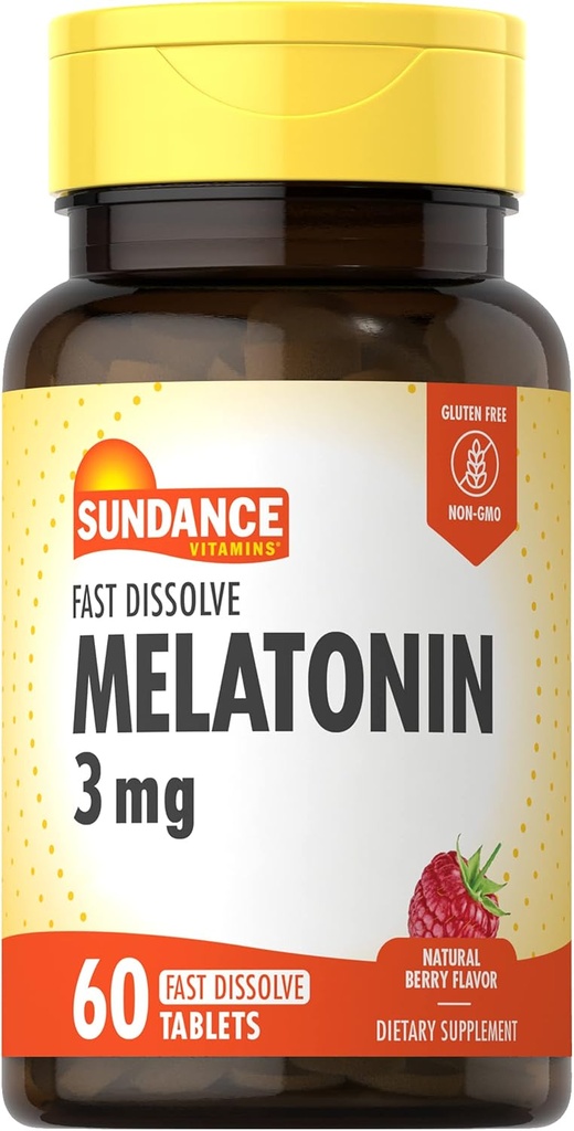Sundance Melatonin 3mg Fast Dissolve ← 60 Tablas Vegetarianas Silencio Natural Berry Flavor ← Vegetariano, No GMO, y Gluten Suplemento Libre