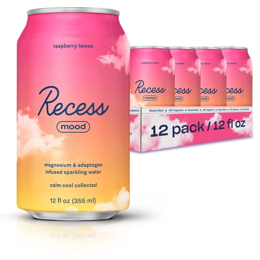 Recess Mood Magnesium &amp; Adaptogen Bebida, Calming Relax Beverage, 12 onzas (Raspberry Lemon, 12 pack)