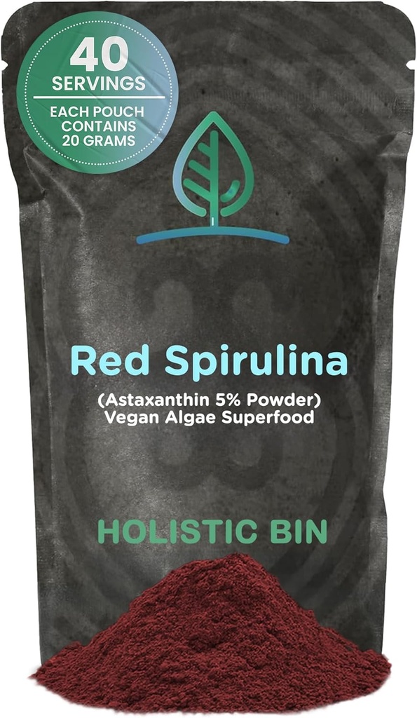 Holistic Bin Organic Astaxanthin Powder ← Powerful Natural Antioxidant Supplement for Smoothies and Capsules ¦ Whole Haematococcus Pluvialis Algae Supplement (20 Grams)