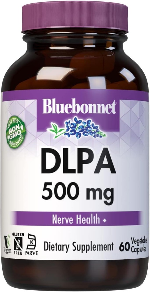Bluebonnet Nutrition DLPA (DL-Phenylalanine) 500mg, Free-Form Amino Acid, para Nervous System Support, Soy-Free, Gluten-Free, Non-GMO, Kosher, Vegan, 60 cápsulas vegetales
