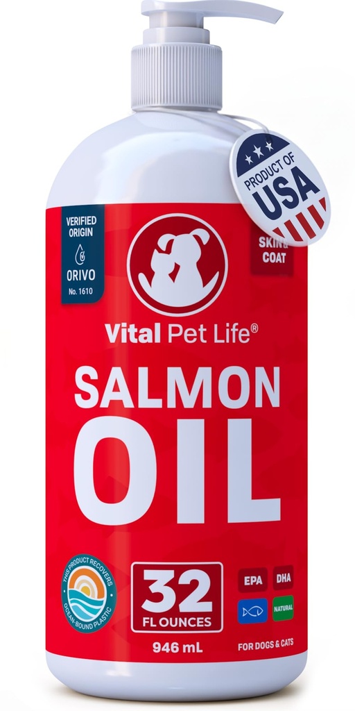 Aceite de salmón para perros &amp; gatos - Esquí saludable " Cuna, aceite de pescado, Omega 3 EPA DHA, suplemento alimenticio líquido para mascotas, todo natural, soporta salud conjunta " bonificación, alergia natural " Defensa de la inflamación, 32 oz