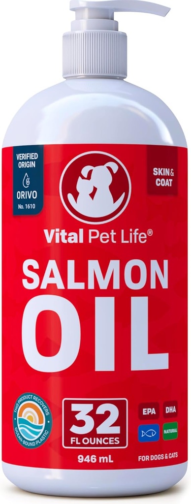 Aceite de salmón para perros &amp; gatos - Esquí saludable " Cuna, aceite de pescado, Omega 3 EPA DHA, suplemento alimenticio líquido para mascotas, todo natural, soporta salud conjunta " bonificación, alergia natural " Defensa de la inflamación, 32 oz