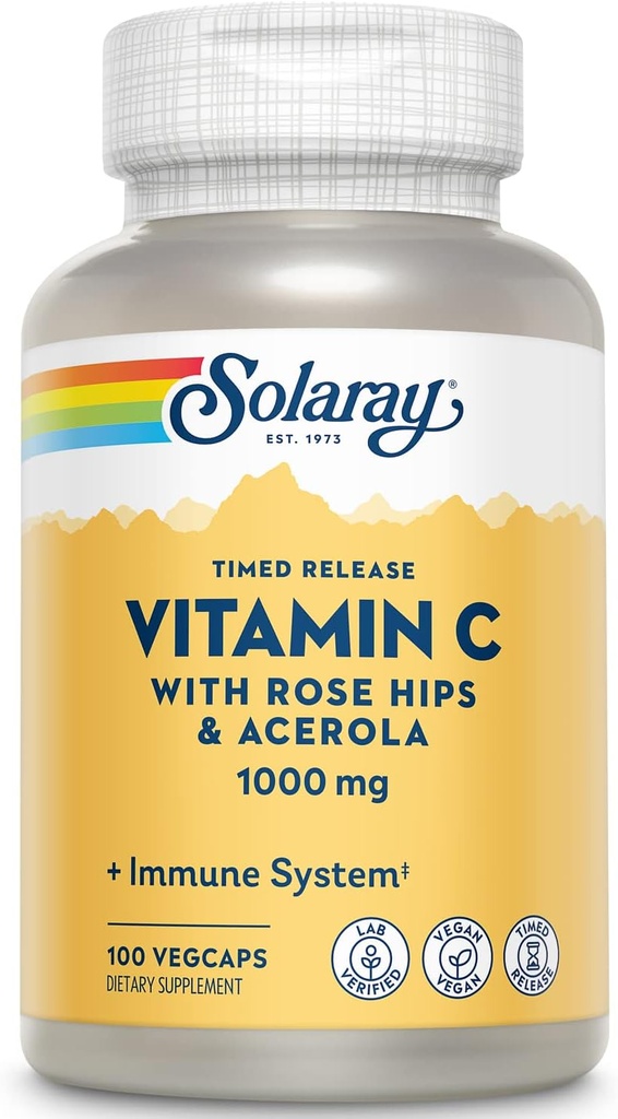 SOLARAY Vitamina C 1000mg - Time Release Vitamin C Capsules w/Rose HIPS y Acerola para Bioflavonoid Support - Soporte de dos etapas, todo el día - Vegan, 60 días de garantía, 100 servicios, 100 VegCaps