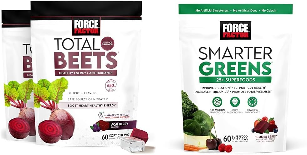 Force Factor Total Beets Soft Chews with Beetroot, Grapeseed Extract, Antioxidants, Nitrates, L-Citrulline, 120 Count, 2-Pack and Smarter Greens Superfood Chews with 25+ Superfoods, Probiotics, Antioxidants, and Fiber, 60 Count