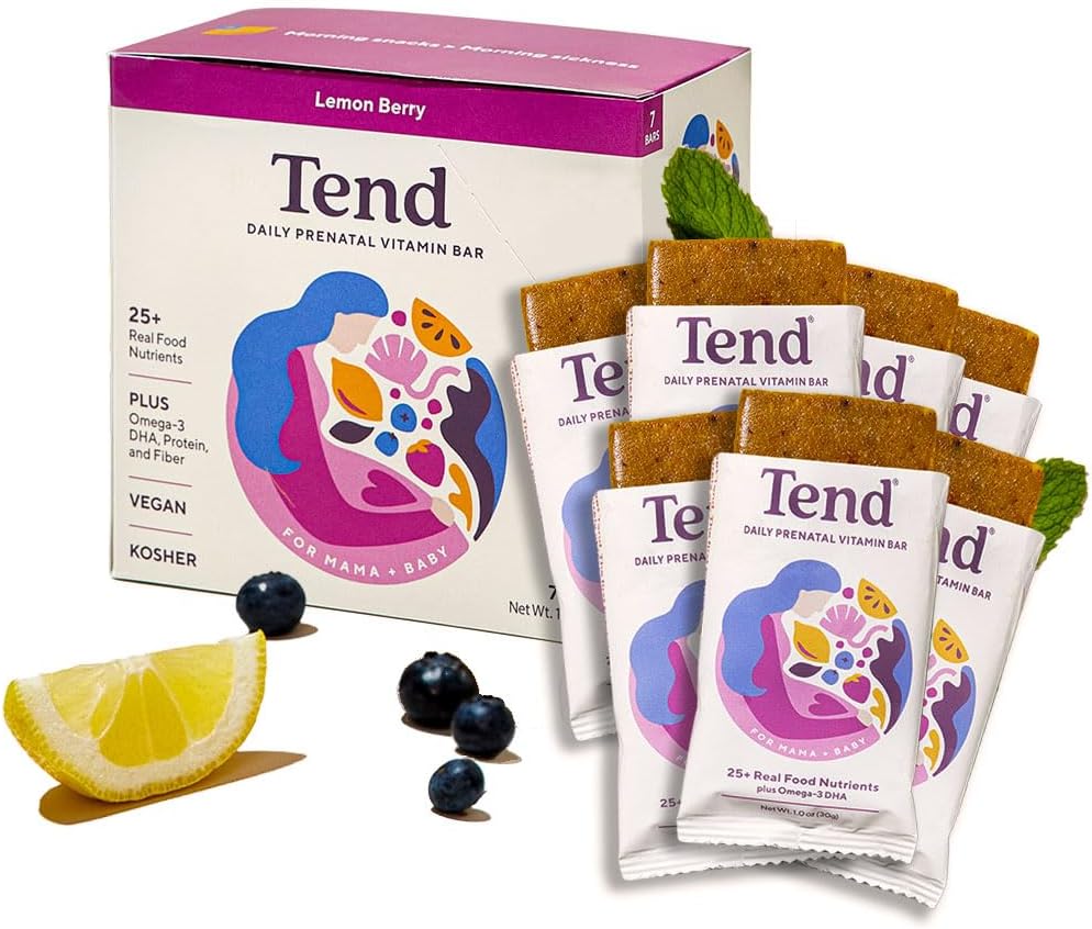Tend Daily Best Prenatal Vitamin Bar, Made with Organic Ingredients for Pregnant & Postpartum Mothers, Includes DHA, Vitamin D, B, Choline, Folate - Lemon Berry (7ct)