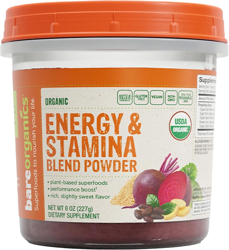 BareOrganics Energy &amp; Stamina Blend Powder, Ecológico Superfood, Vegan Suplemento dietético, 8 onzas