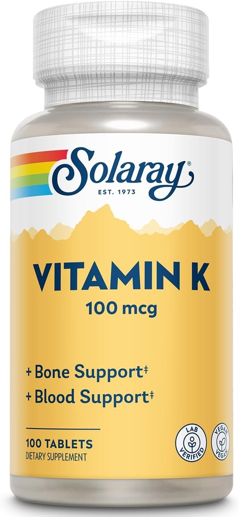 SOLARAY Vitamina K-1 100mcg ← Estructura sana del hueso, Cierre de sangre, Síntesis de proteínas Apoyo ← Non-GMO, Vegan &amp; Lab Verified ← 100 Tablets