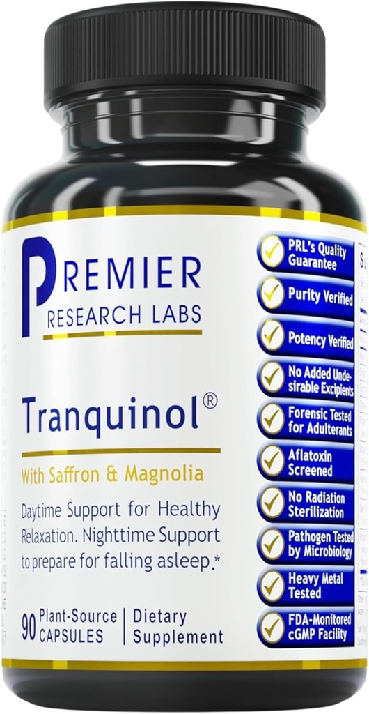 Premier Research Labs Tranquinol - Natural Sleep Aid Supplement for Deep Sleep Support and Calm Mind ¦ Magnesium, Turmeric, Lemon Balm &amp; Saffron Extract - Pure Vegan - 90 Plant-Source Capsules