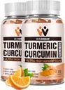 Gummies de Curcumina Turmérica con Ginger &amp; Black Pepper Extract - 2 Pack Tumeric Gummy Suplementos para Inflamación de Dolor Soporte de Salud Conjunto - Vegan, Orgánico, Sin Gelatina - para Adultos y Niños