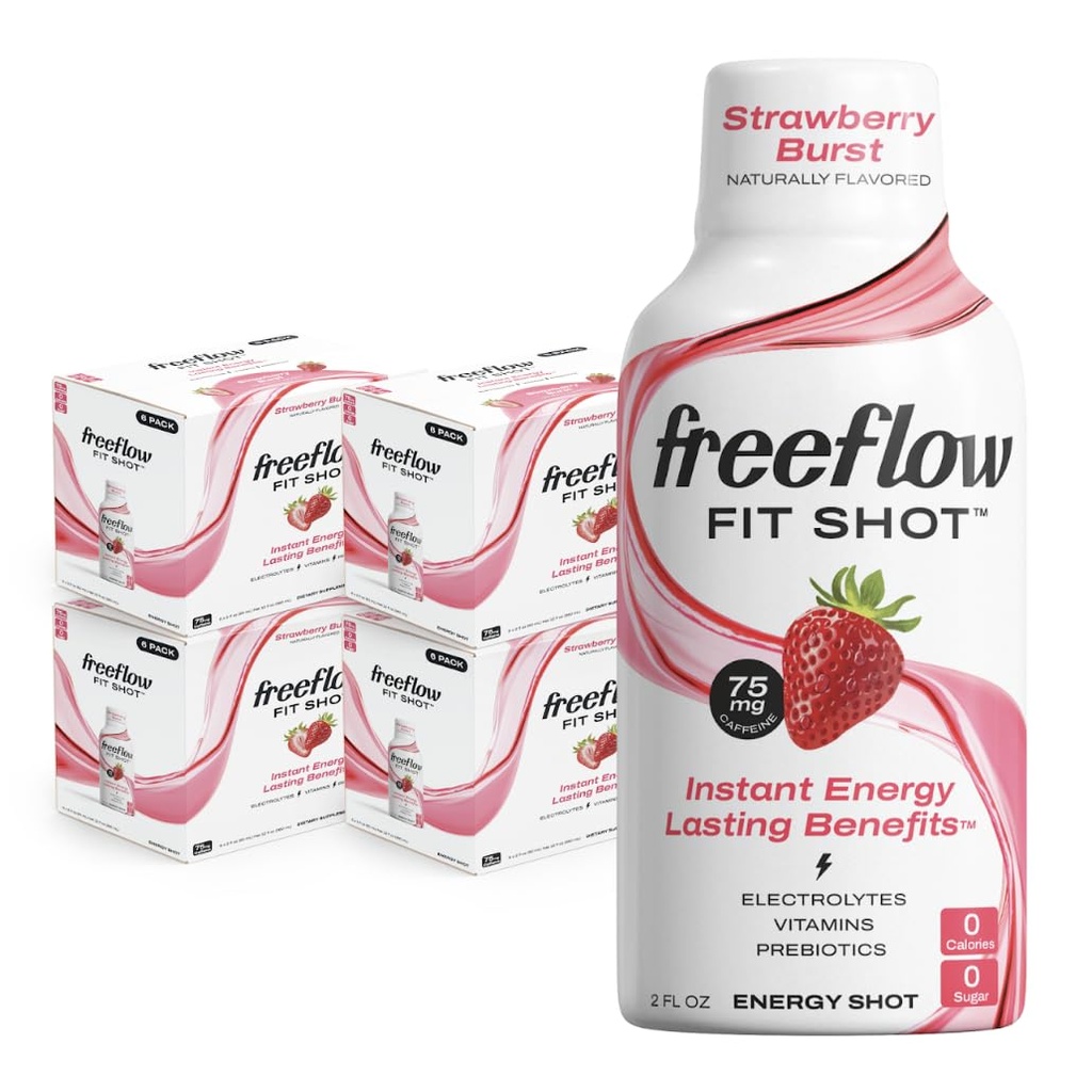 Freeflow Fit Energy Shots, Strawberry Burst, Natural Caffeine Boost con L-theanine, Ginseng, Vitaminas, Prebióticos, Electrolitos (24 Conde, 2oz Shots)