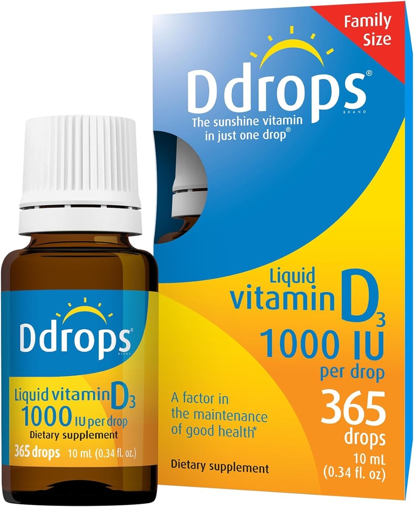 Ddrops Adultos 1000IU 365 gotas - Vitamina Líquida D3 Suplemento, Apoyo al Sistema de Huesos Fuertes