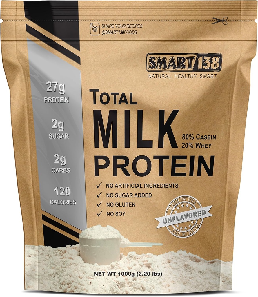 Smart138 Proteína de leche total - 80% Casein 20% Whey - RBST/rBGH Hormona libre, libre de gluten, libre de soja, no GMO, EE.UU., Keto Low Carb, BCAAs naturales (1000g / 2.2lbs, sin sabor)