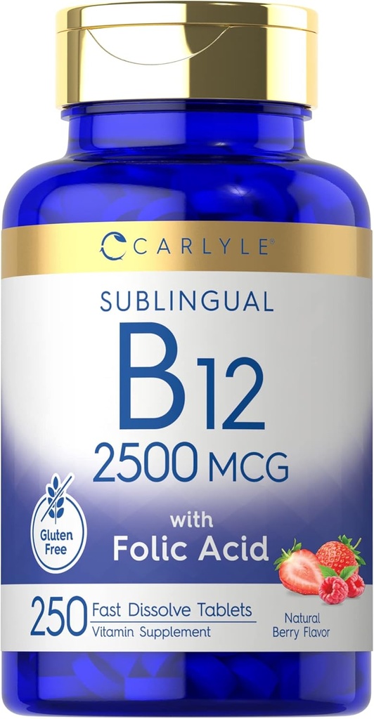 Carlyle Vitamina B12 Sublingual 2500 mcg ← 250 Tablas rápidas de disuelve Silencio Cianocobalamina Suplemento con ácido fólico para adultos Silencio Natural Berry Flavor ← Vegetariano, No GMO, y Gluten Gratis