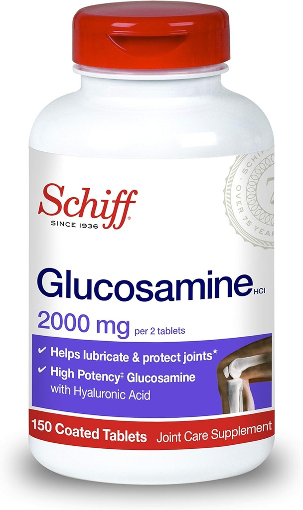 Schiff Glucosamine 2000mg (por servicio) + Tablas de ácido hialurónico (150 Cuenta en botella), Suplemento de atención conjunta que ayuda a apoyar la movilidad conjunta y flexibilidad, apoya la estructura del cartílago