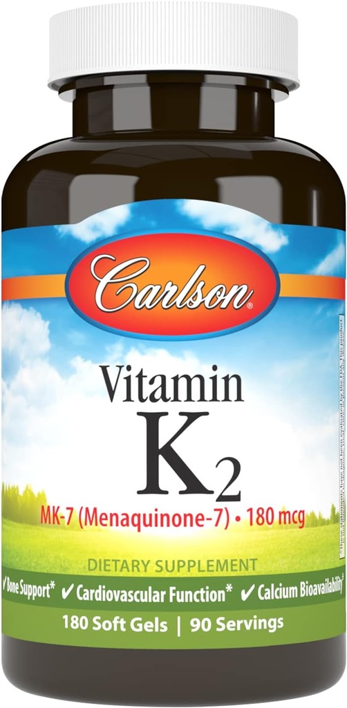 Carlson - Vitamina K2 MK-7 (Menaquinone), 180 mcg, soporte de bonificación, biodisponibilidad de calcio, vitamina K2, vitamina K-2, 180 Softgels