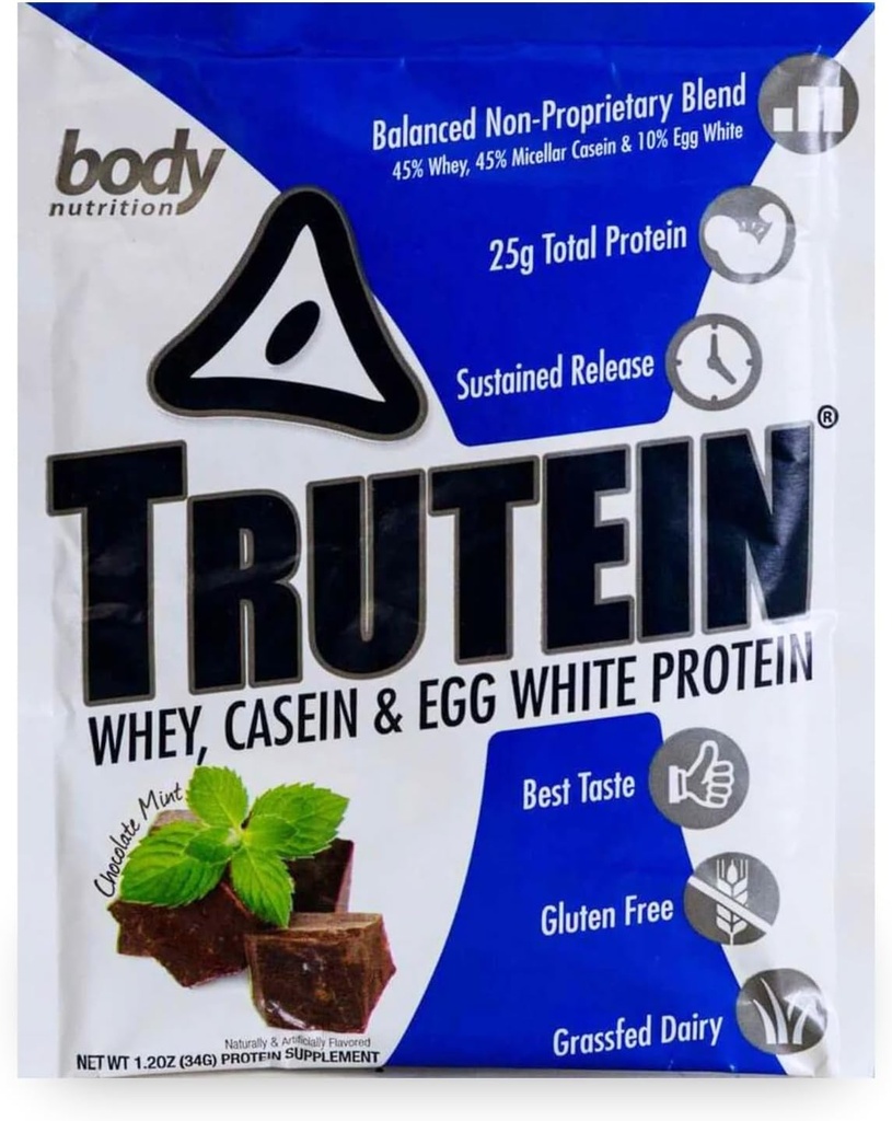 Nutrición corporal Trutein High Protein Powder: 45% Whey, 45% Casein, 10% Egg White, Gluten-Free, Low Sodium, Grass Fed Whey Protein Powder, Gym Suplemento &amp; Breakfast Shake, Chocolate Mint, 34g Muestra