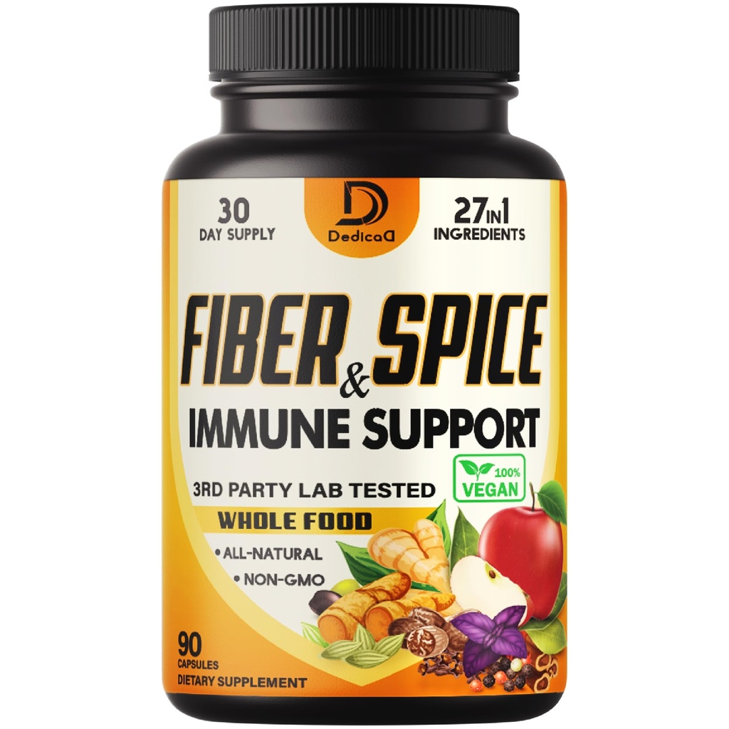 DEDICAD 27in1 Fiber and Spice Supplement - Combined with Organic Psyllium, Whole Apple, Elderberry & More - Support Mood, Body & Immunity - 90 Capsules for 1 Month