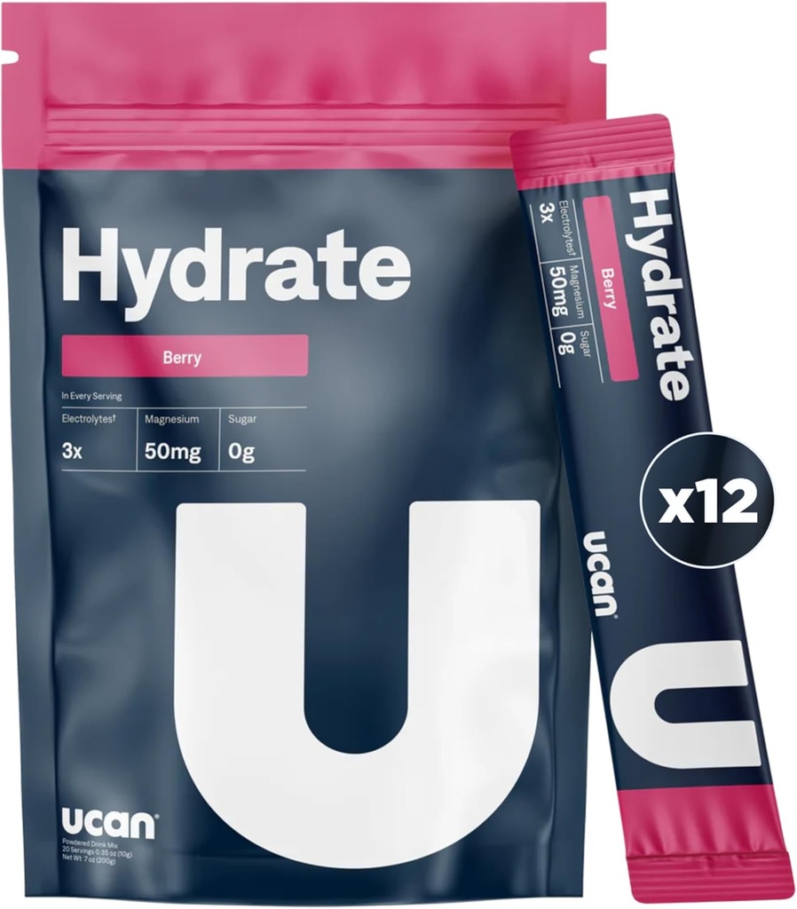UCAN Hydrate Electrolyte Drink Mix (Berry, 12 Stickpacks) Sugar-Free, Keto-Friendly, Vegan, Non-GMO, Gluten-Free Electrolyte Powder with Potassium & Magnesium for Runners & Athletes