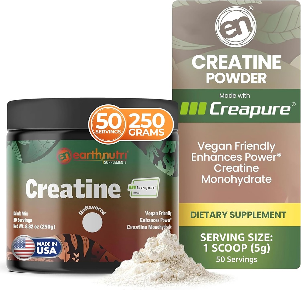 EarthNutri Creatine Monohydrate Powder - Pure Creatine Supplement for Muscle Strength, Strength & Performance – Non-GMO, Sugar-Free, Additive-Free – for Men & Women, Unflavored 250g
