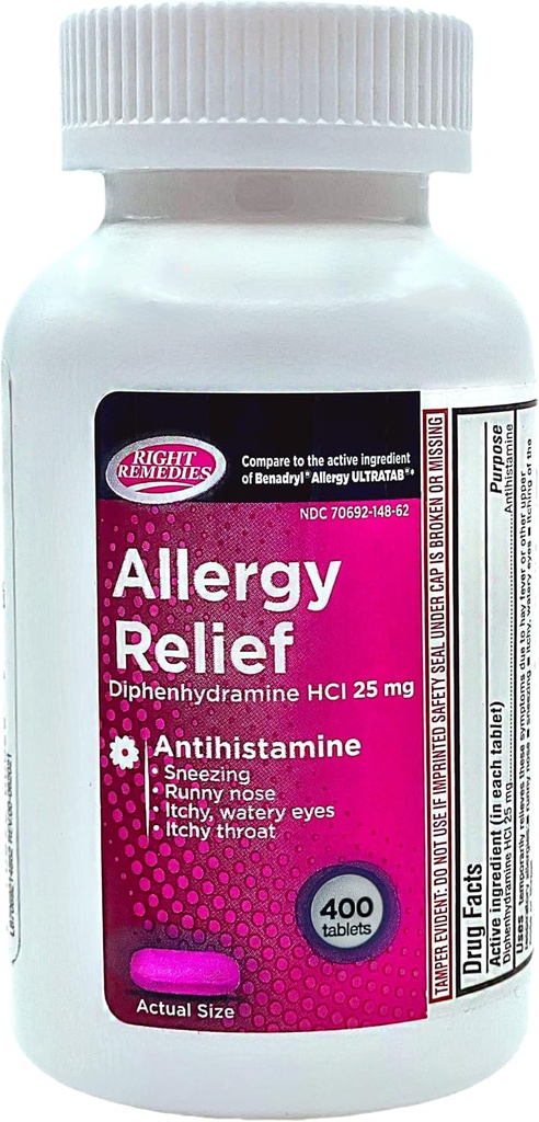 Alivio de la alergia Antihistamínico, Diphenhydramine HCl 25mg, Ultratabs Genéricos, Alimenta el interior estacional o alergias respiratorias superiores al aire libre, 400 Condes