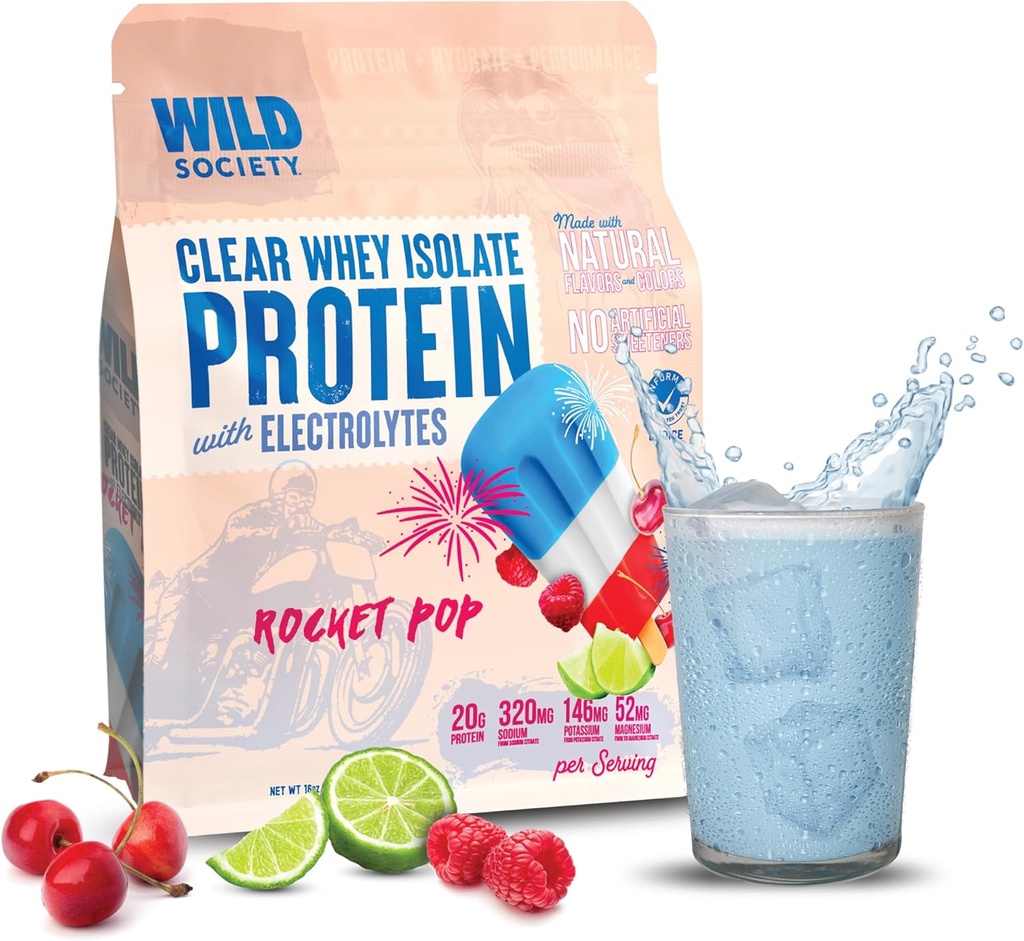 WILD SOCIETY - Clear Whey Protein + Electrolytes - Refreshing Whey Protein Isolate Powder - 20g Protein, 0 Añadido Sugar, GMO-Free, Natural Flavors & Colores - Rocket Pop, 16 oz