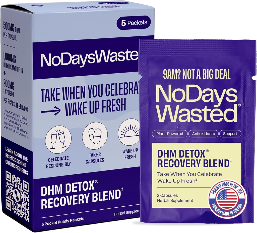 DHM Detox® - No Days Wasted® - Nuevo look - Suplemento de Dihidromyricetina, Esteto de leche, Prickly Pear, vitaminas B, electrolitos de hidratación Blend-Take durante la noche para mejor próximo día y recuperación