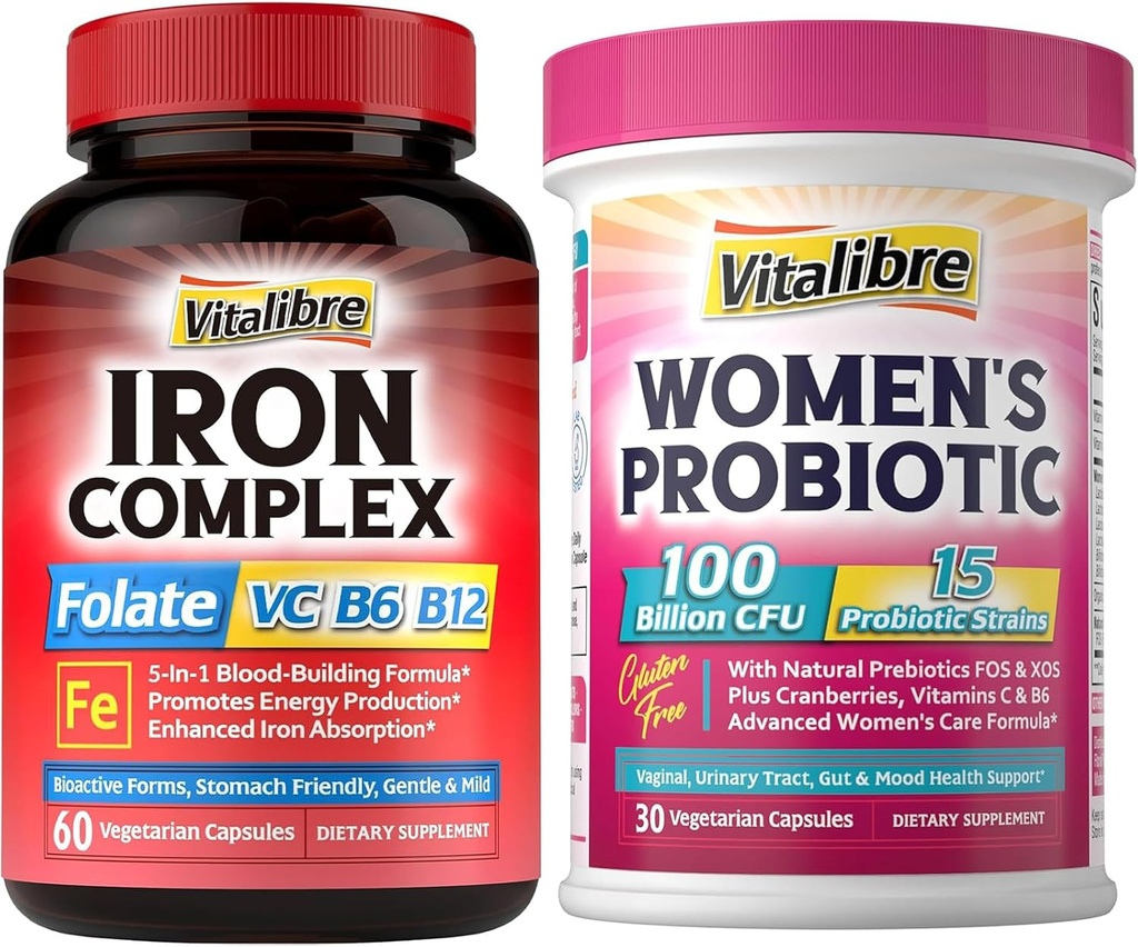 Iron Supplement for Women & Men, with Vitamins C, B6, B12 & Folate+Vitalibre Women's Probiotics 100 Billion CFU, 15 Strains, w/Prebiotic, Cranberry, Vitamin B6 & VC,